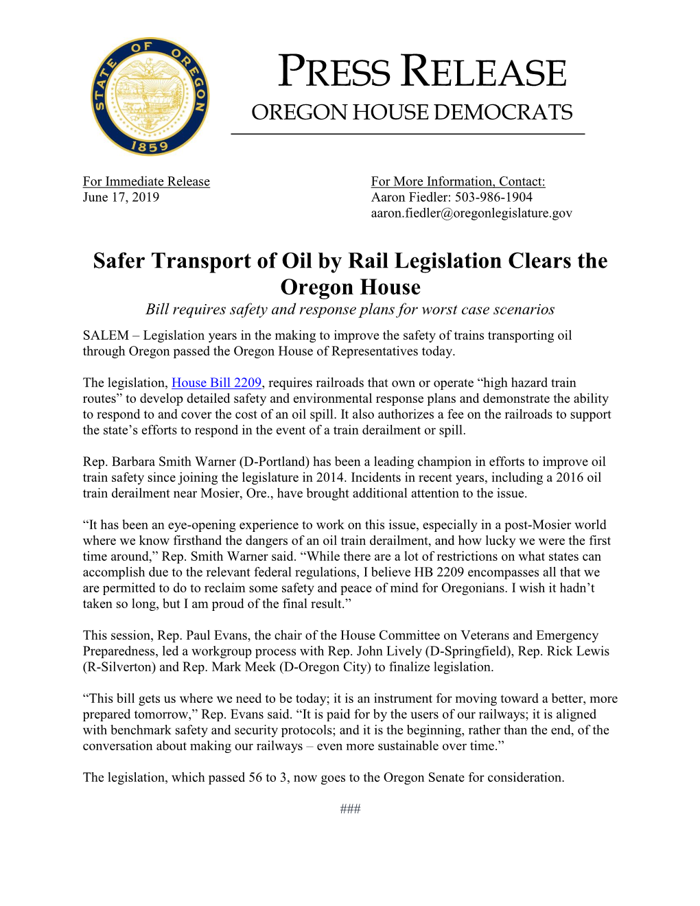 Press Release Oregon House Democrats