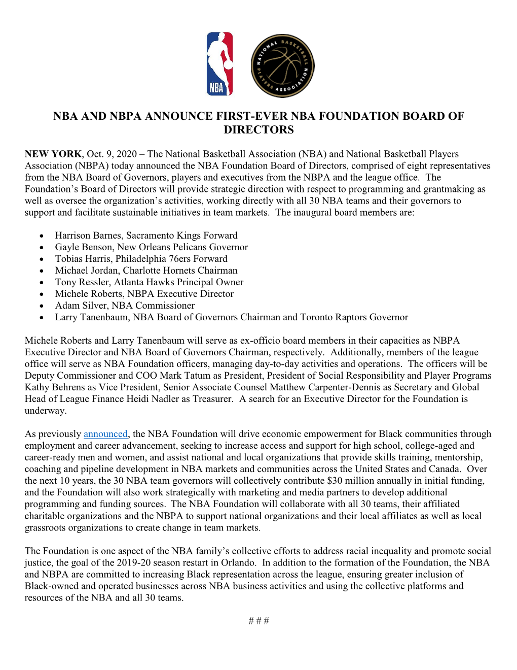 Nba and Nbpa Announce First-Ever Nba Foundation Board of Directors