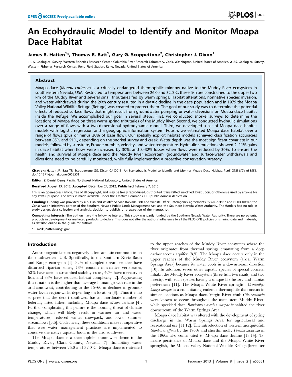 An Ecohydraulic Model to Identify and Monitor Moapa Dace Habitat