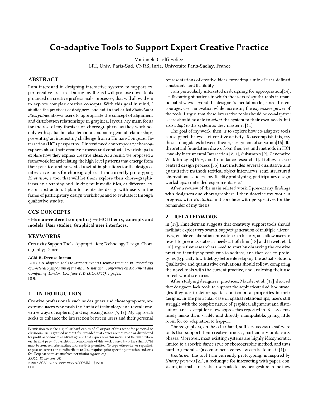 Co-Adaptive Tools to Support Expert Creative Practice Marianelaextended Ciolfi Abstract Felice LRI, Univ
