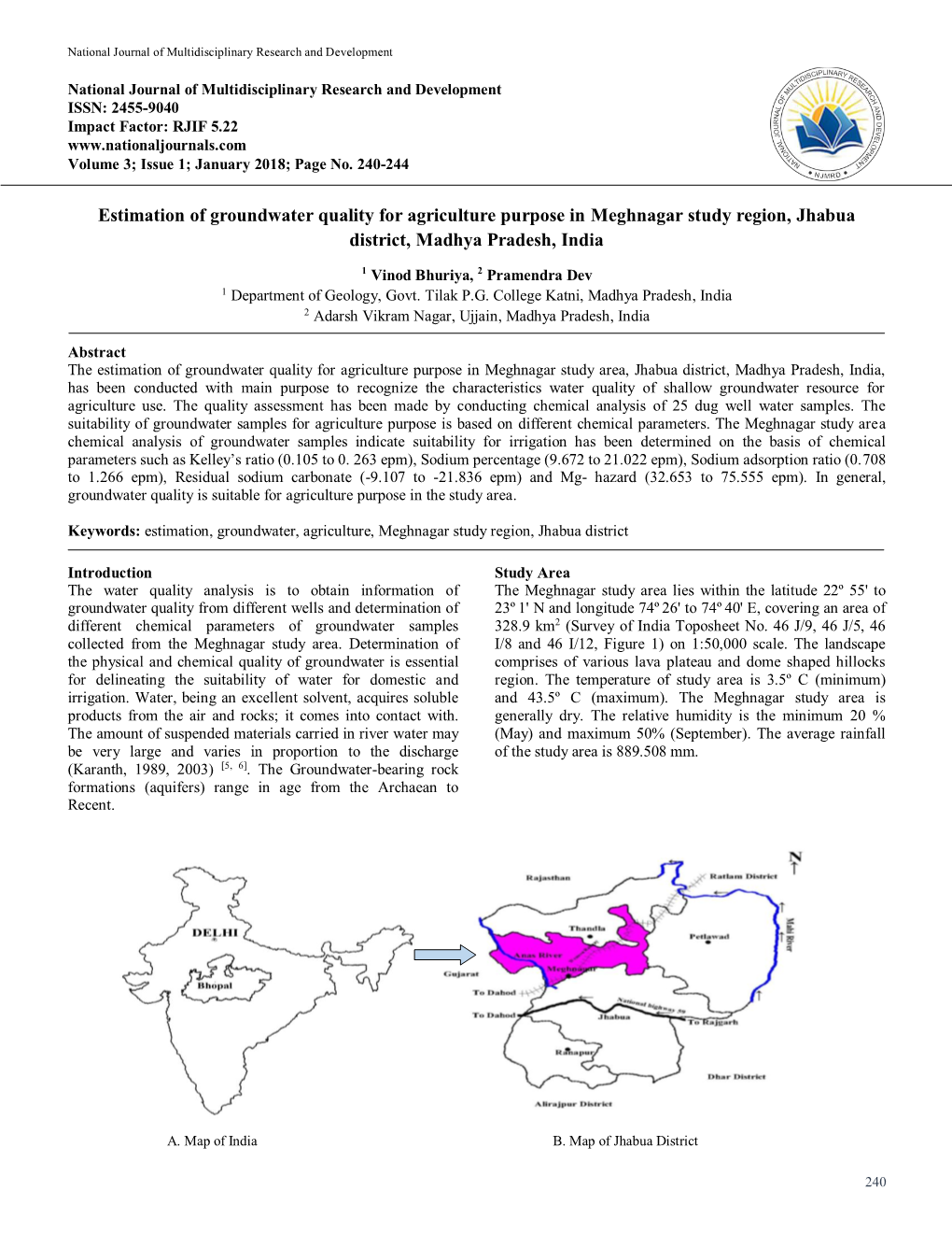 Estimation of Groundwater Quality for Agriculture Purpose in Meghnagar Study Region, Jhabua District, Madhya Pradesh, India