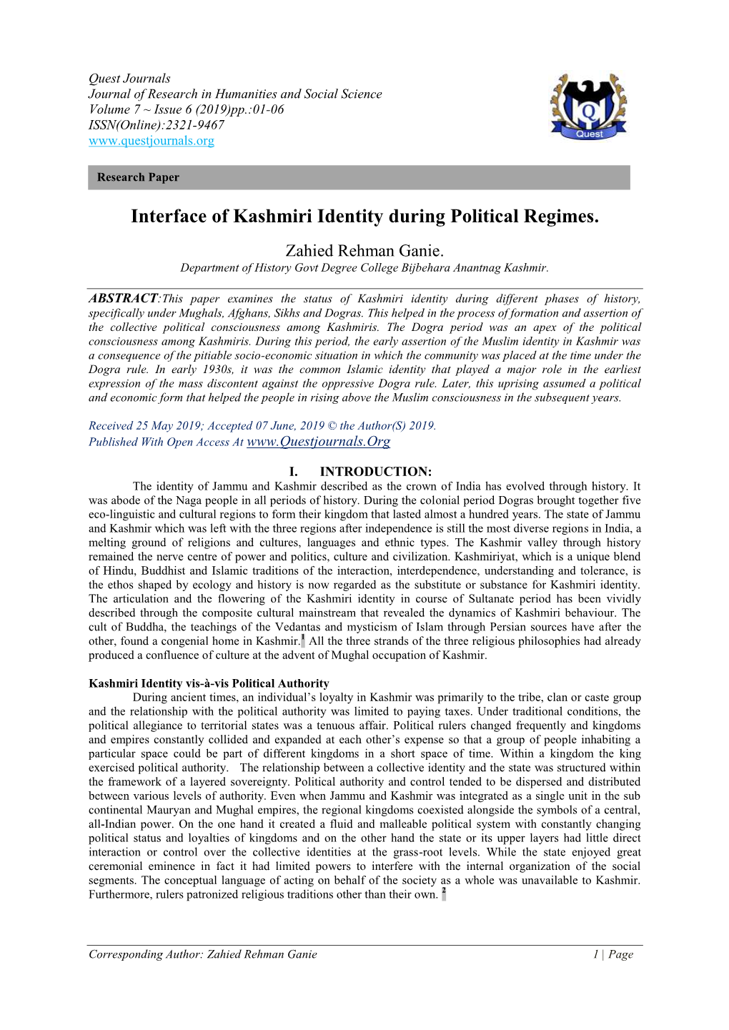 Interface of Kashmiri Identity During Political Regimes