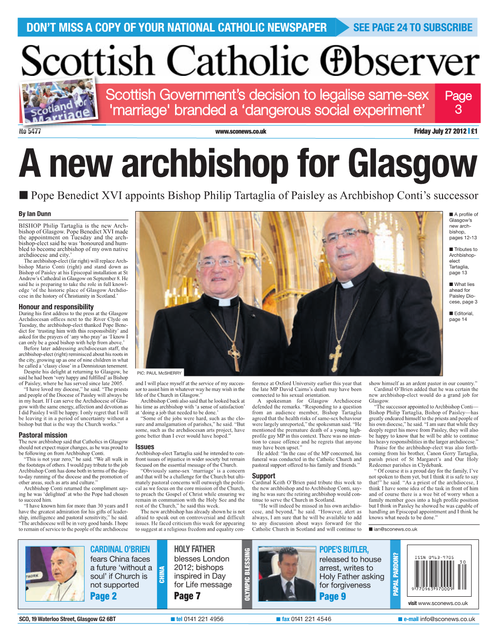 A New Archbishop for Glasgow I Pope Benedict XVI Appoints Bishop Philip Tartaglia of Paisley As Archbishop Conti’S Successor