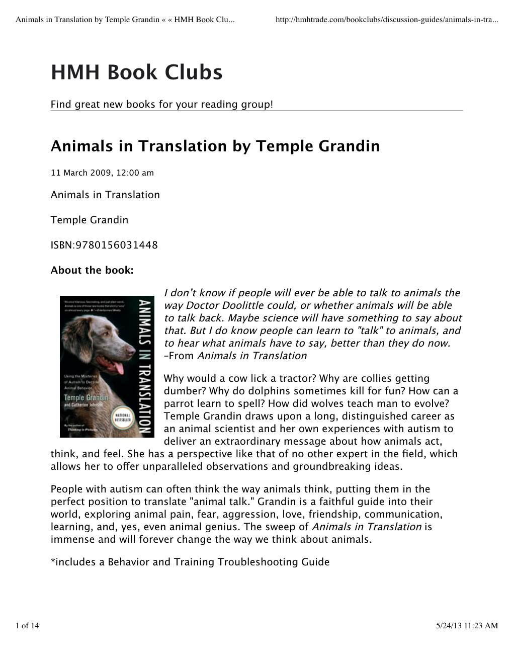 Animals in Translation by Temple Grandin « « HMH Book Clu