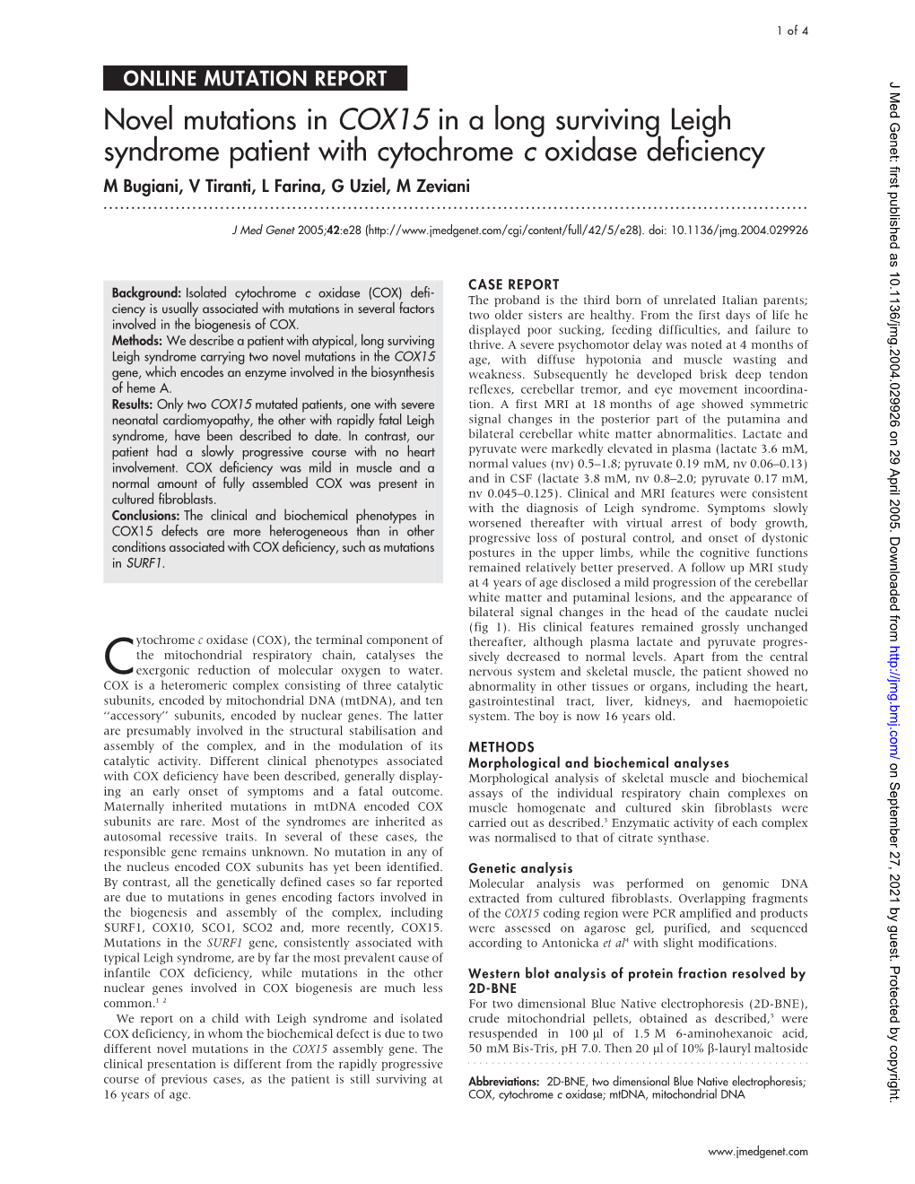 Novel Mutations in COX15 in a Long Surviving Leigh Syndrome Patient with Cytochrome C Oxidase Deficiency M Bugiani, V Tiranti, L Farina, G Uziel, M Zeviani