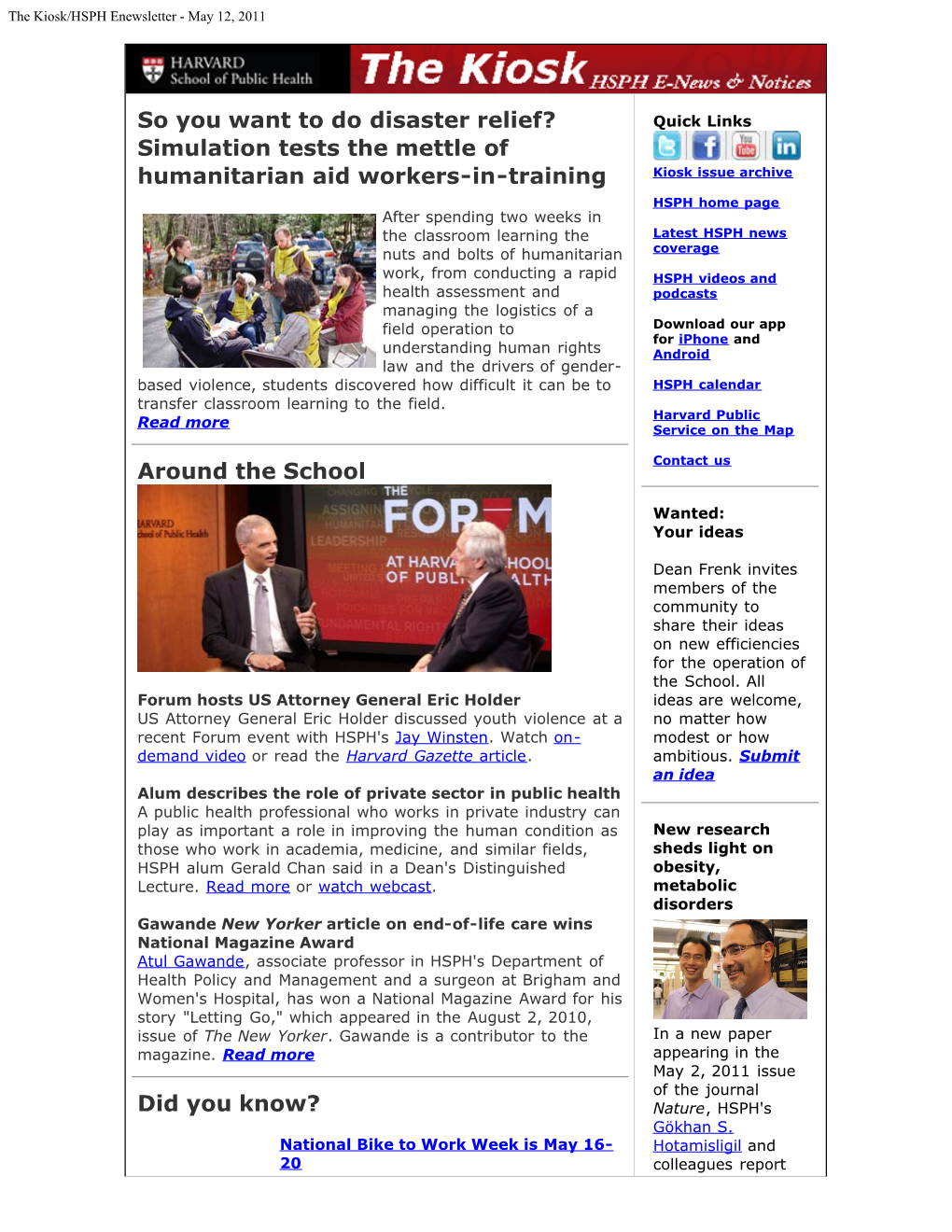 The Kiosk/HSPH Enewsletter - May 12, 2011