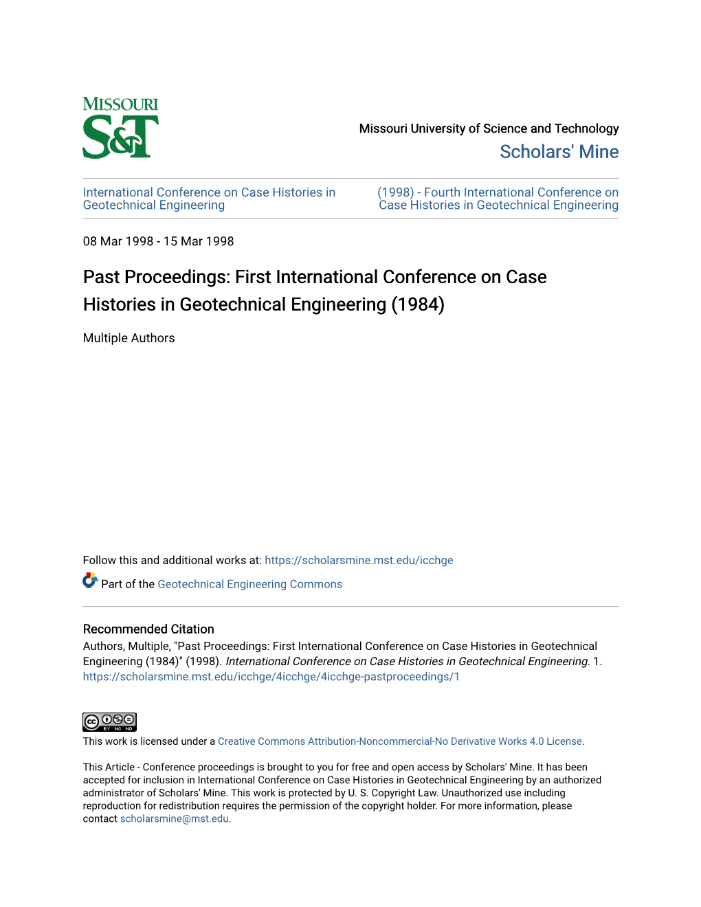 First International Conference on Case Histories in Geotechnical Engineering (1984)