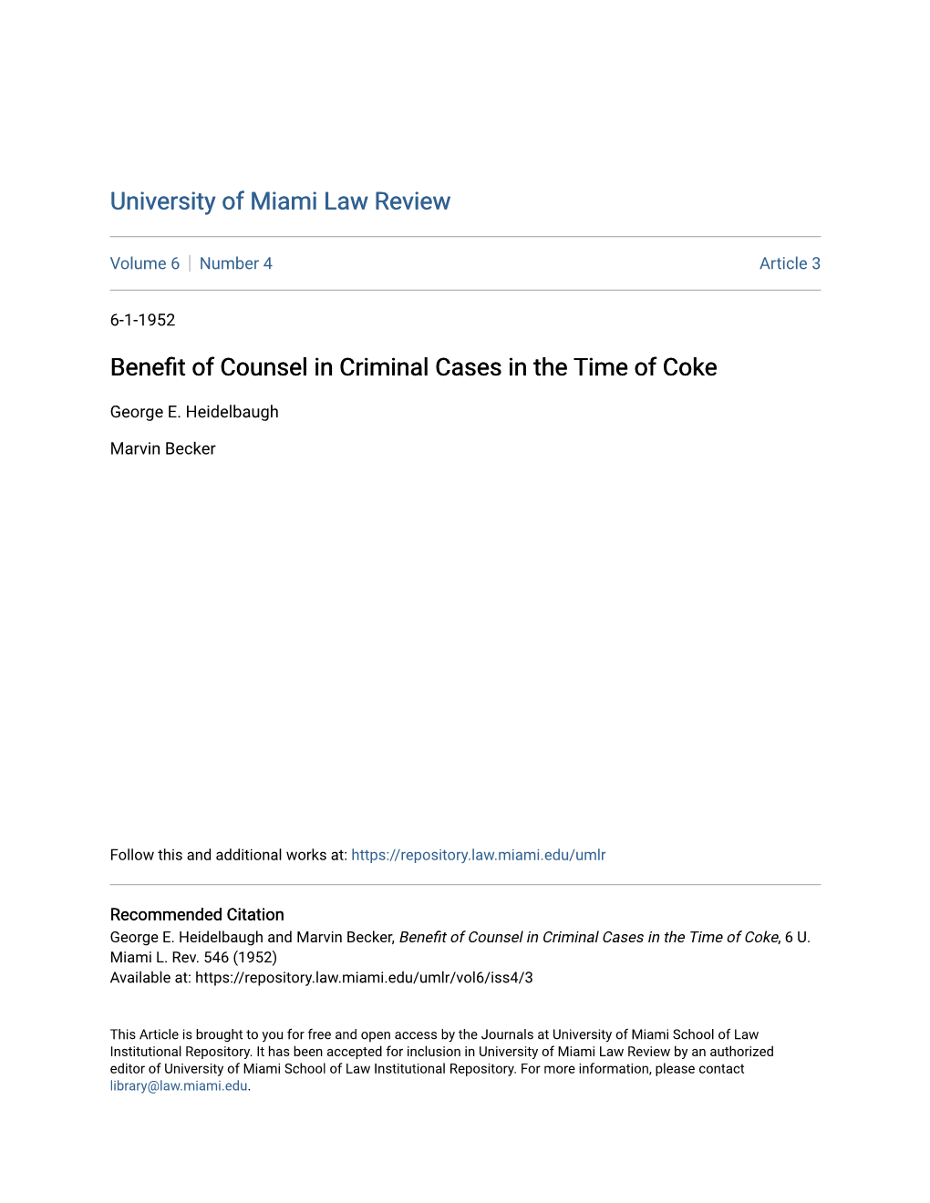 Benefit of Counsel in Criminal Cases in the Time of Coke