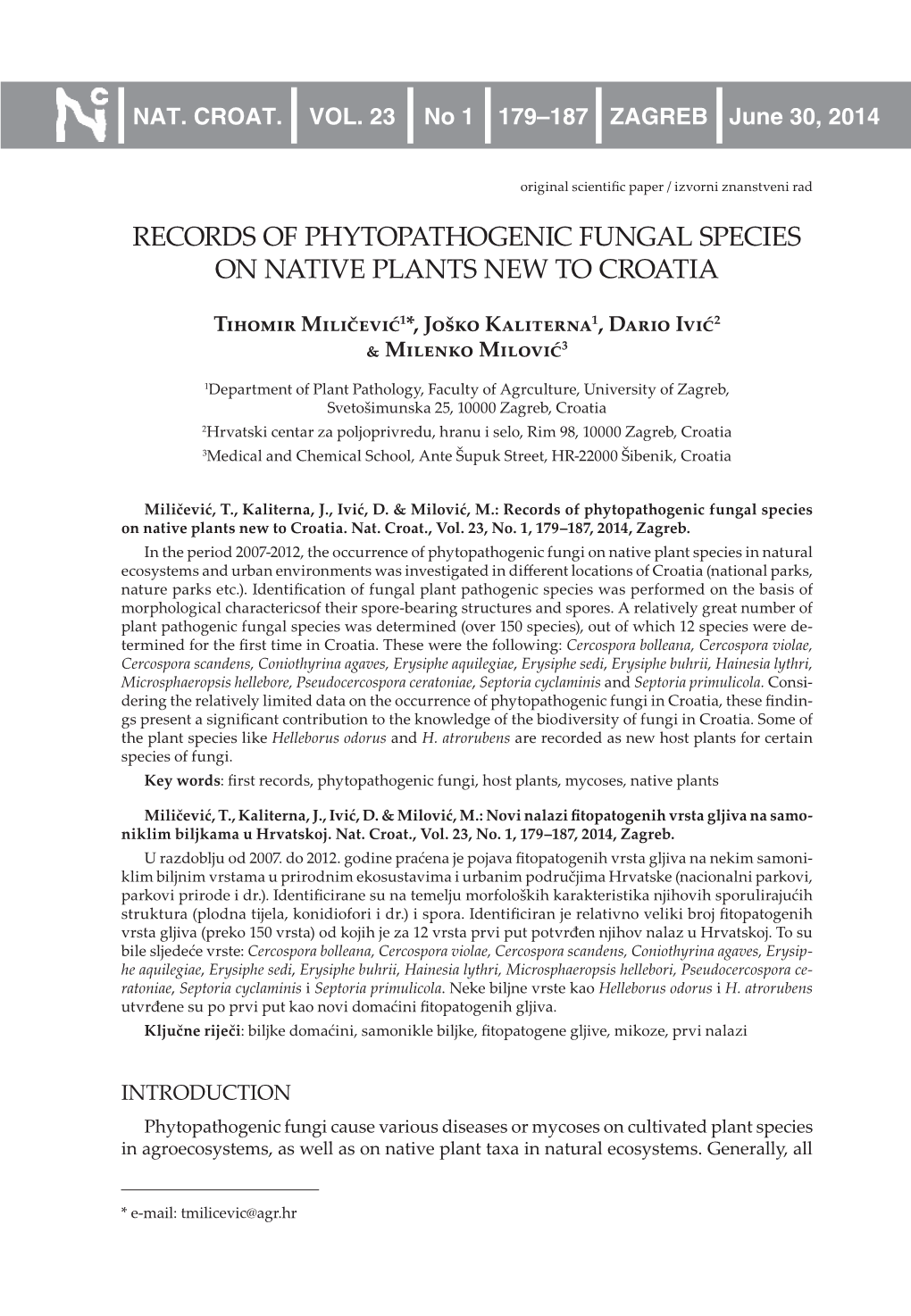 Records of Phytopathogenic Fungal Species on Native Plants New to Croatia