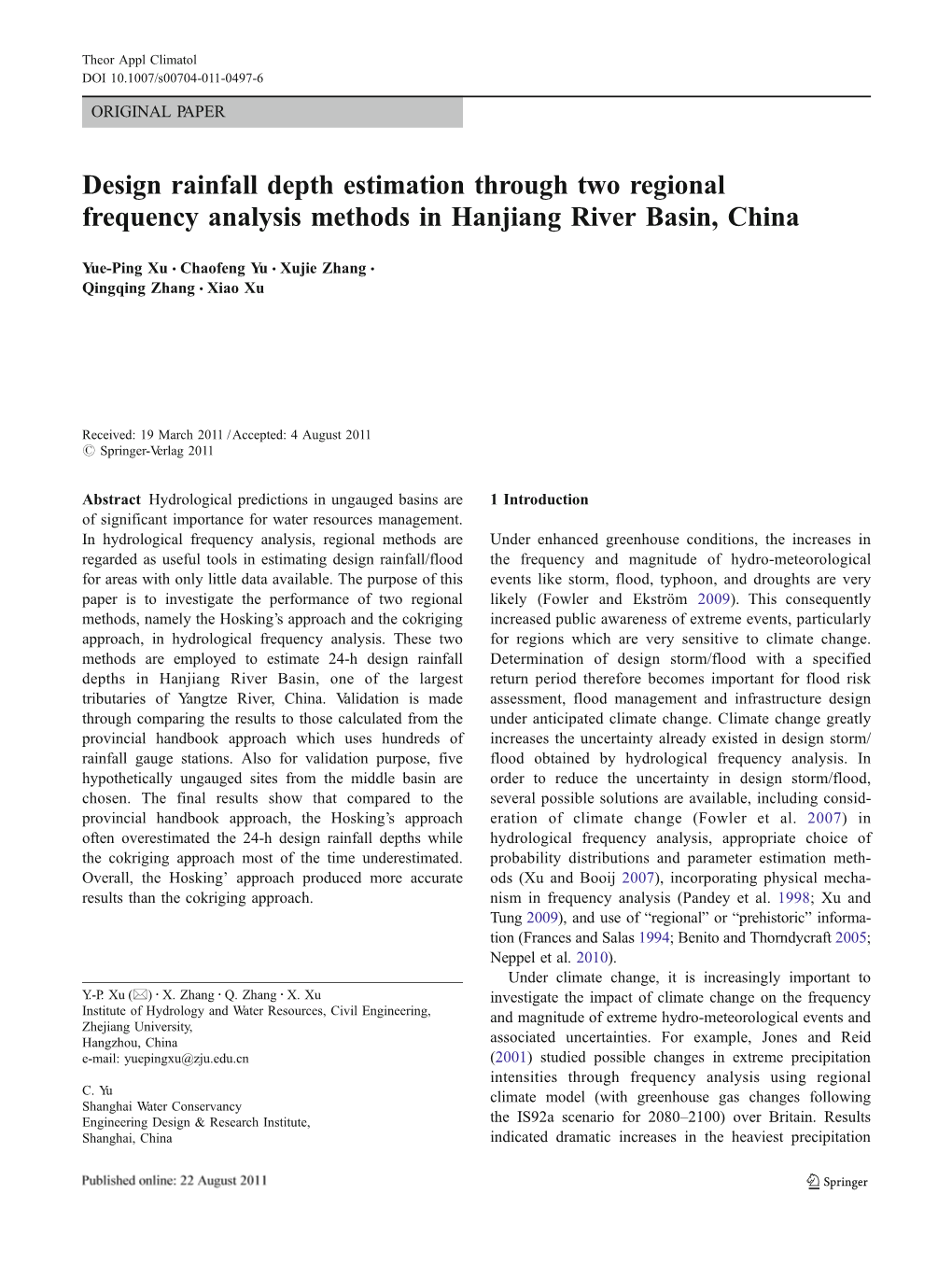 Design Rainfall Depth Estimation Through Two Regional Frequency Analysis Methods in Hanjiang River Basin, China