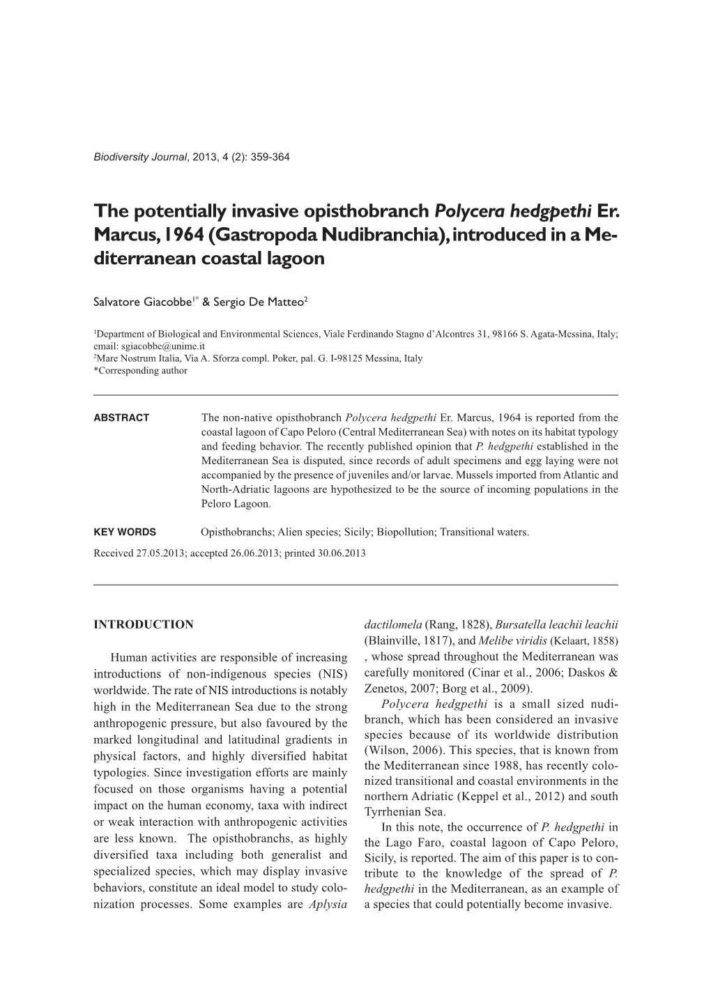 The Potentially Invasive Opisthobranch Polycera Hedgpethi Er