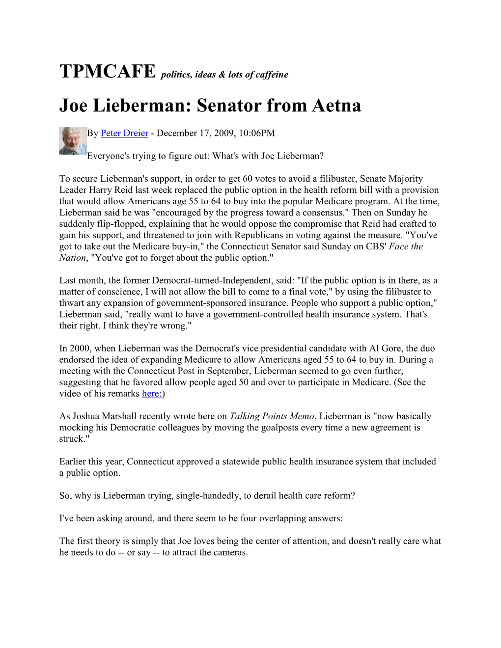 Joe Lieberman: Senator from Aetna