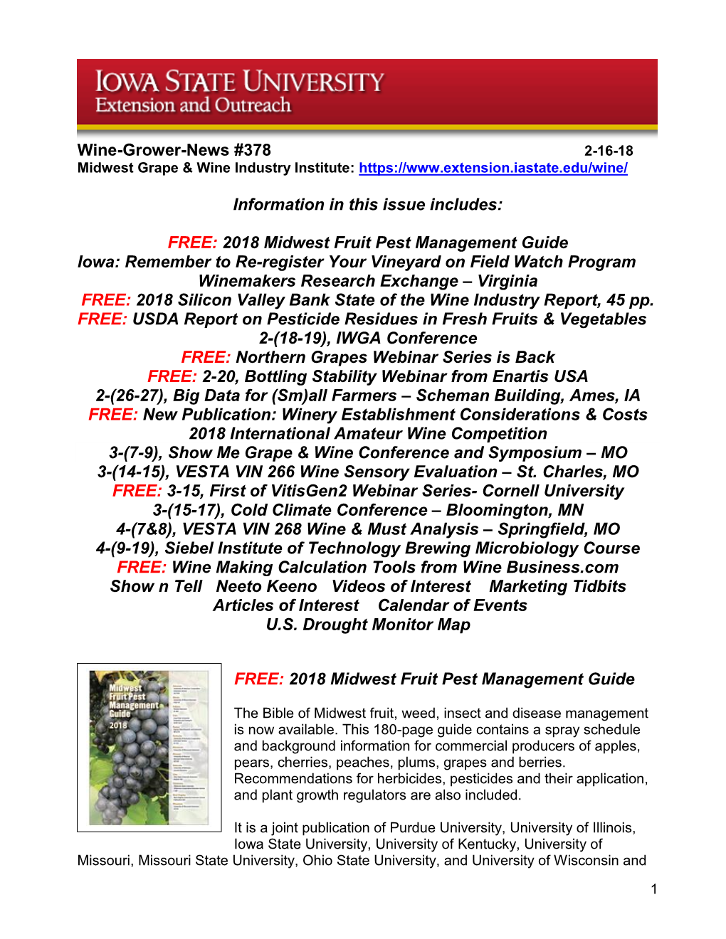 Wine-Grower-News #378 Information in This Issue Includes: FREE: 2018