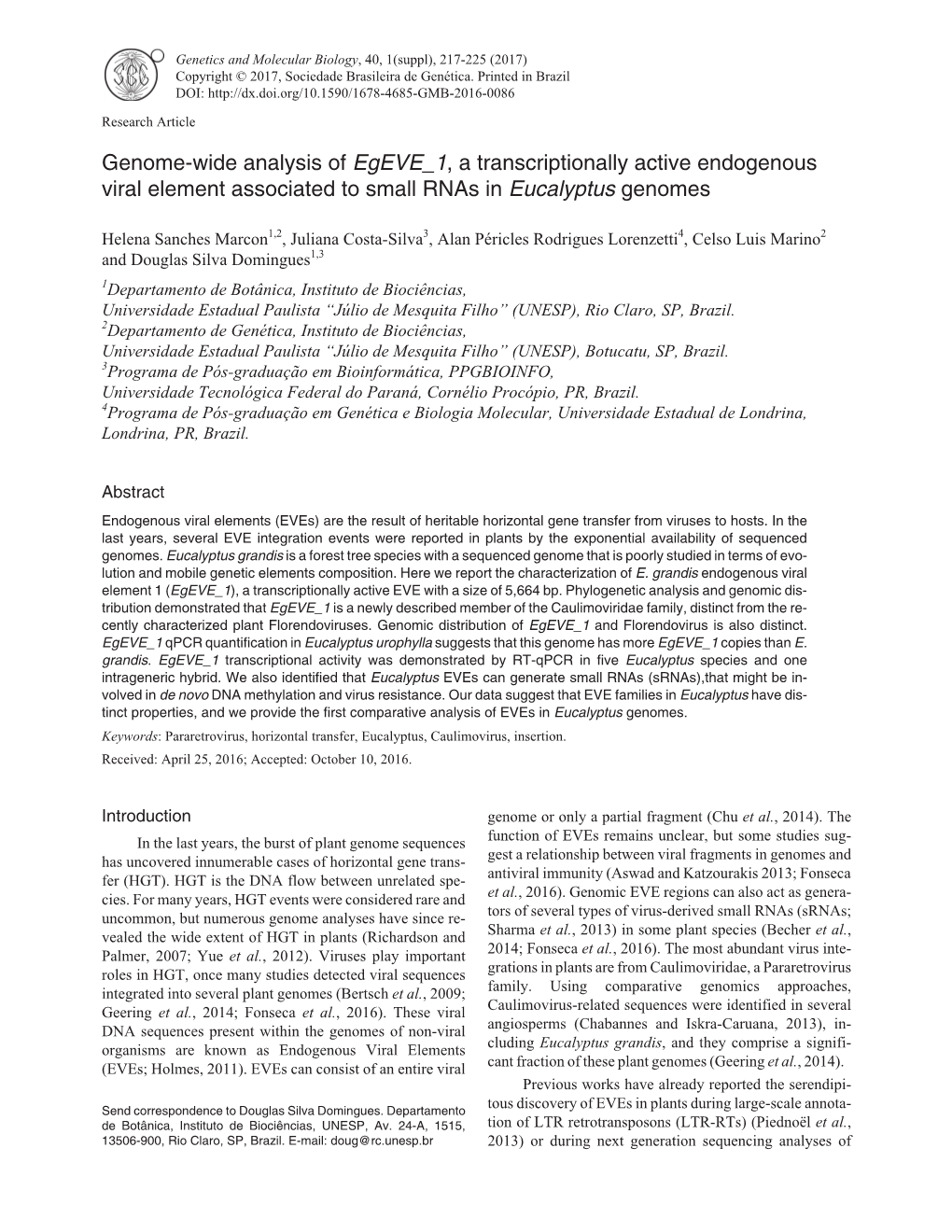 Genome-Wide Analysis of Egeve 1, a Transcriptionally Active Endogenous Viral Element Associated to Small Rnas in Eucalyptus Genomes