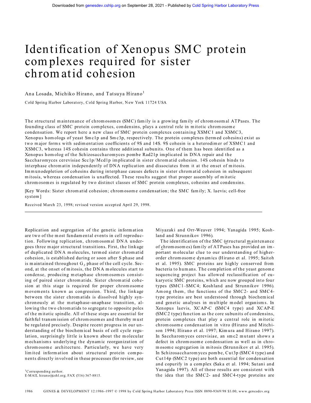 Identification of Xenopus SMC Protein Complexes Required for Sister Chromatid Cohesion