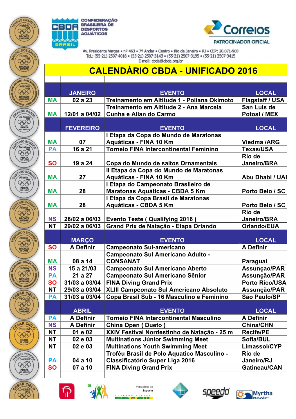 Calendário Cbda - Unificado 2016