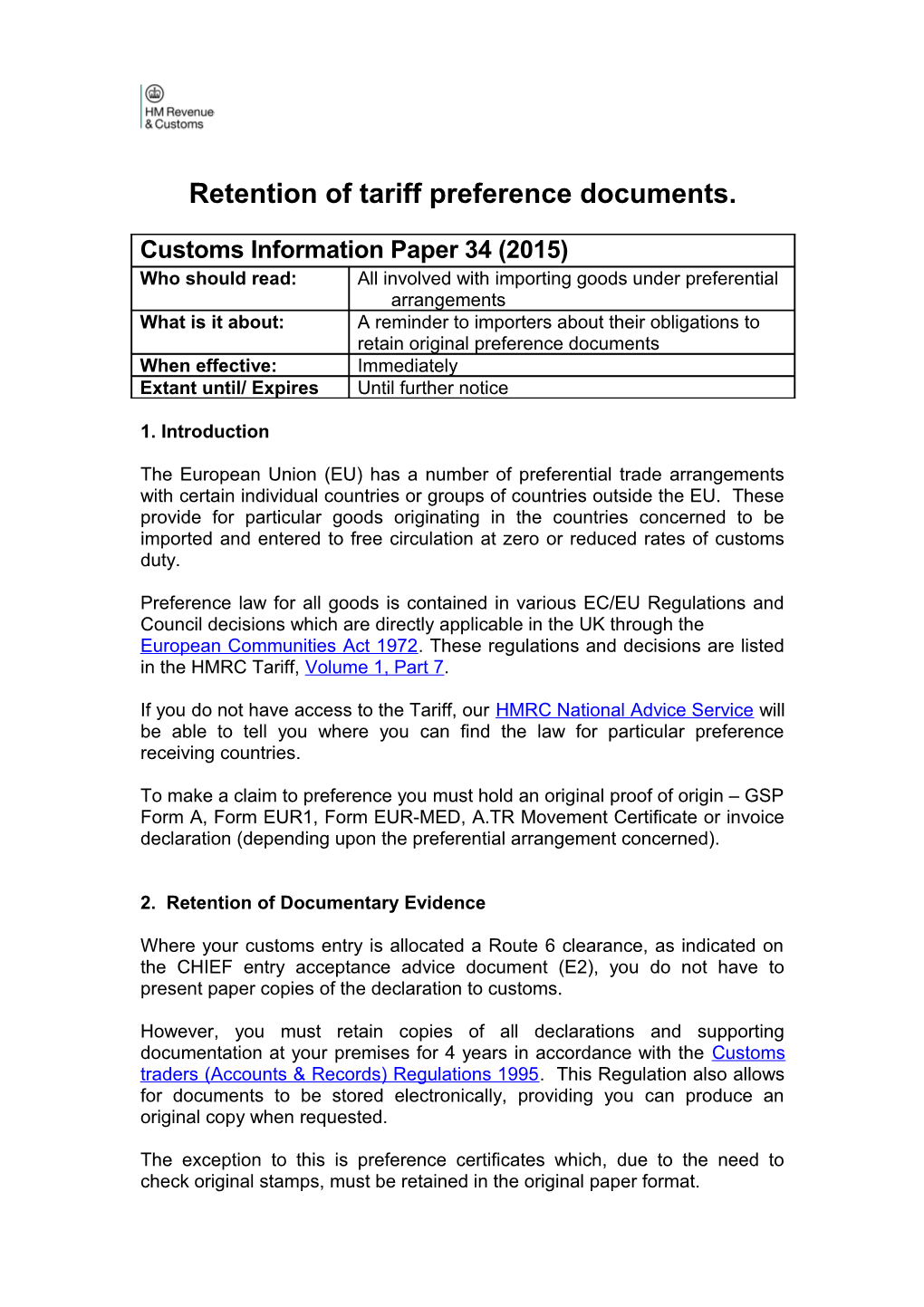 Retention of Tariff Preference Documents