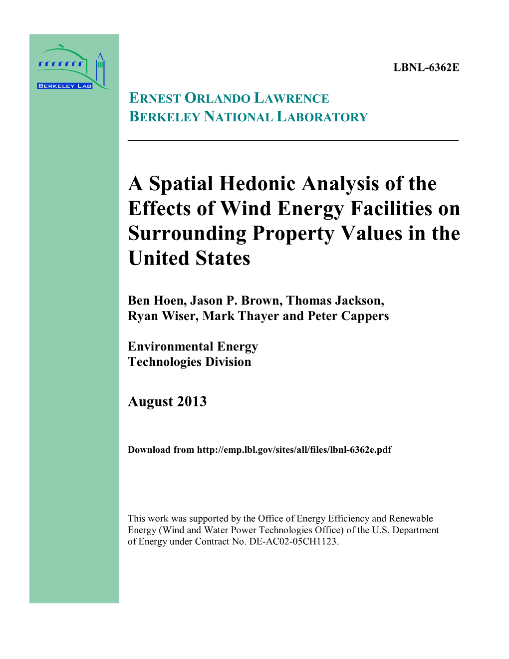 A Spatial Hedonic Analysis of the Effects of Wind Energy Facilities on Surrounding Property Values in the United States