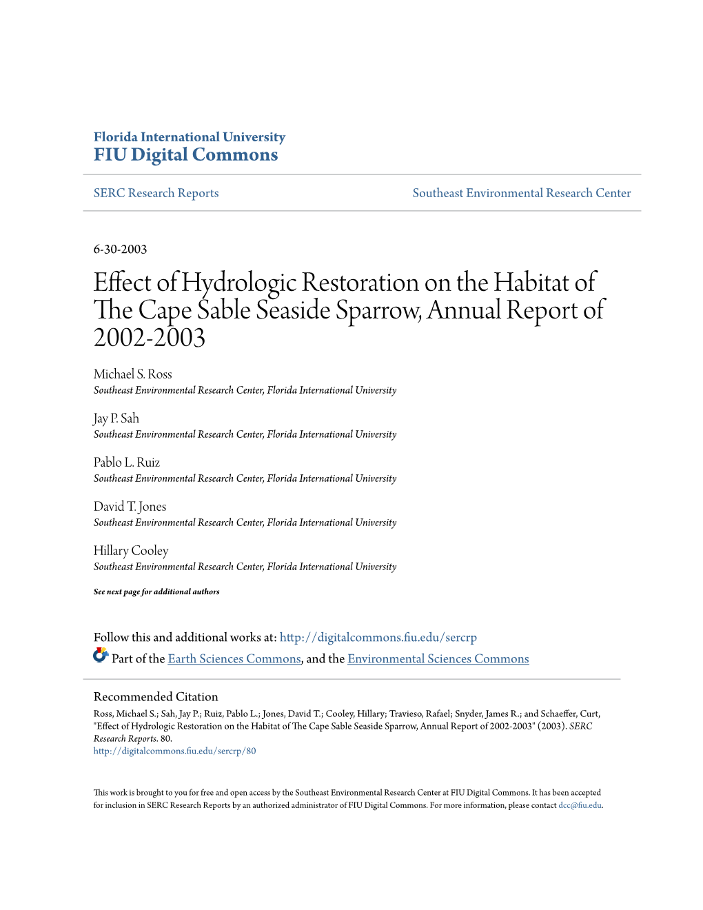 Effect of Hydrologic Restoration on the Habitat of the Cape Sable