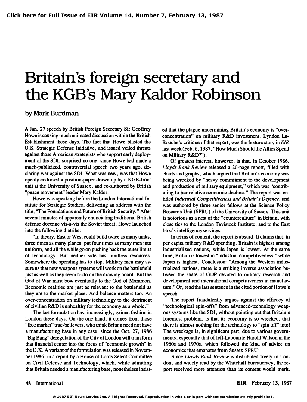 Britain's Foreign Secretary and the KGB's Mary Kaldor Robinson