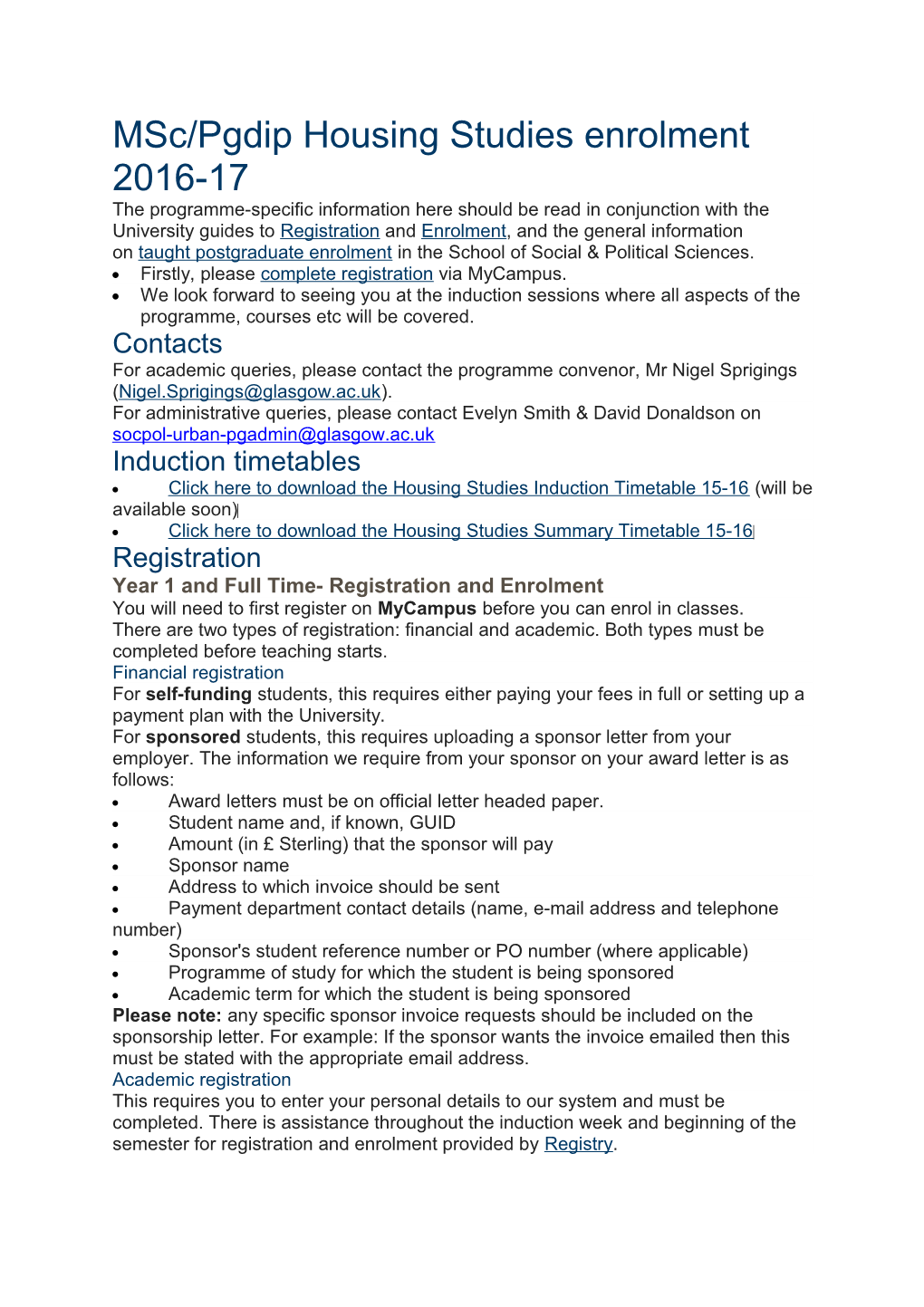 Msc/Pgdip Housing Studies Enrolment 2016-17