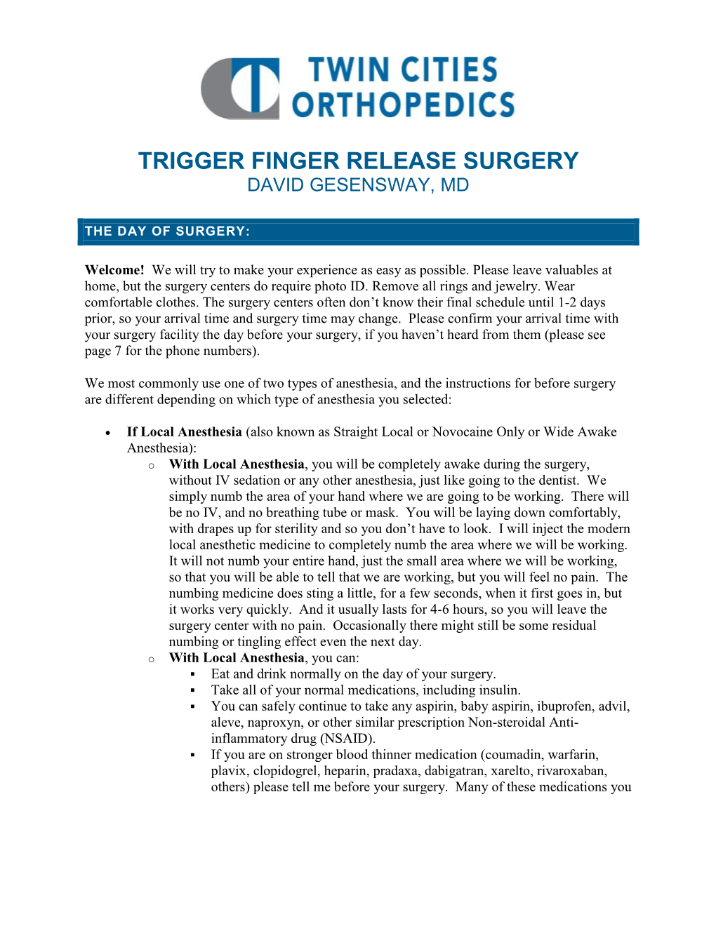 Trigger Finger Release Surgery David Gesensway, Md