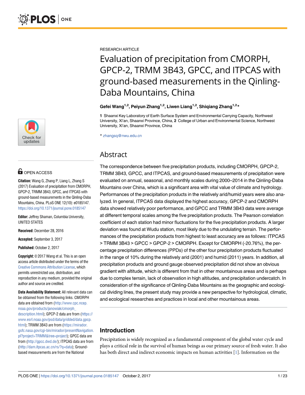 Evaluation of Precipitation from CMORPH, GPCP-2, TRMM 3B43, GPCC, and ITPCAS with Ground-Based Measurements in the Qinling- Daba Mountains, China