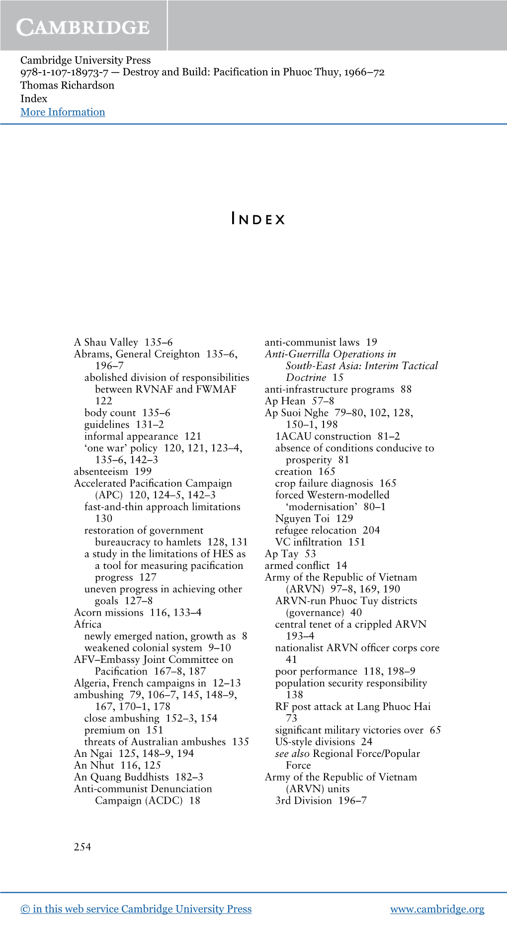 Cambridge University Press 978-1-107-18973-7 — Destroy and Build: Pacification in Phuoc Thuy, 1966–72 Thomas Richardson Index More Information