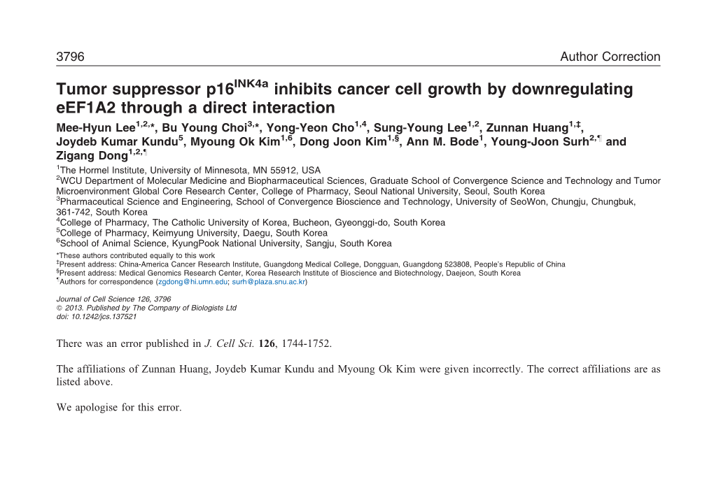 Tumor Suppressor P16 Inhibits Cancer Cell Growth by Downregulating Eef1a2 Through a Direct Interaction