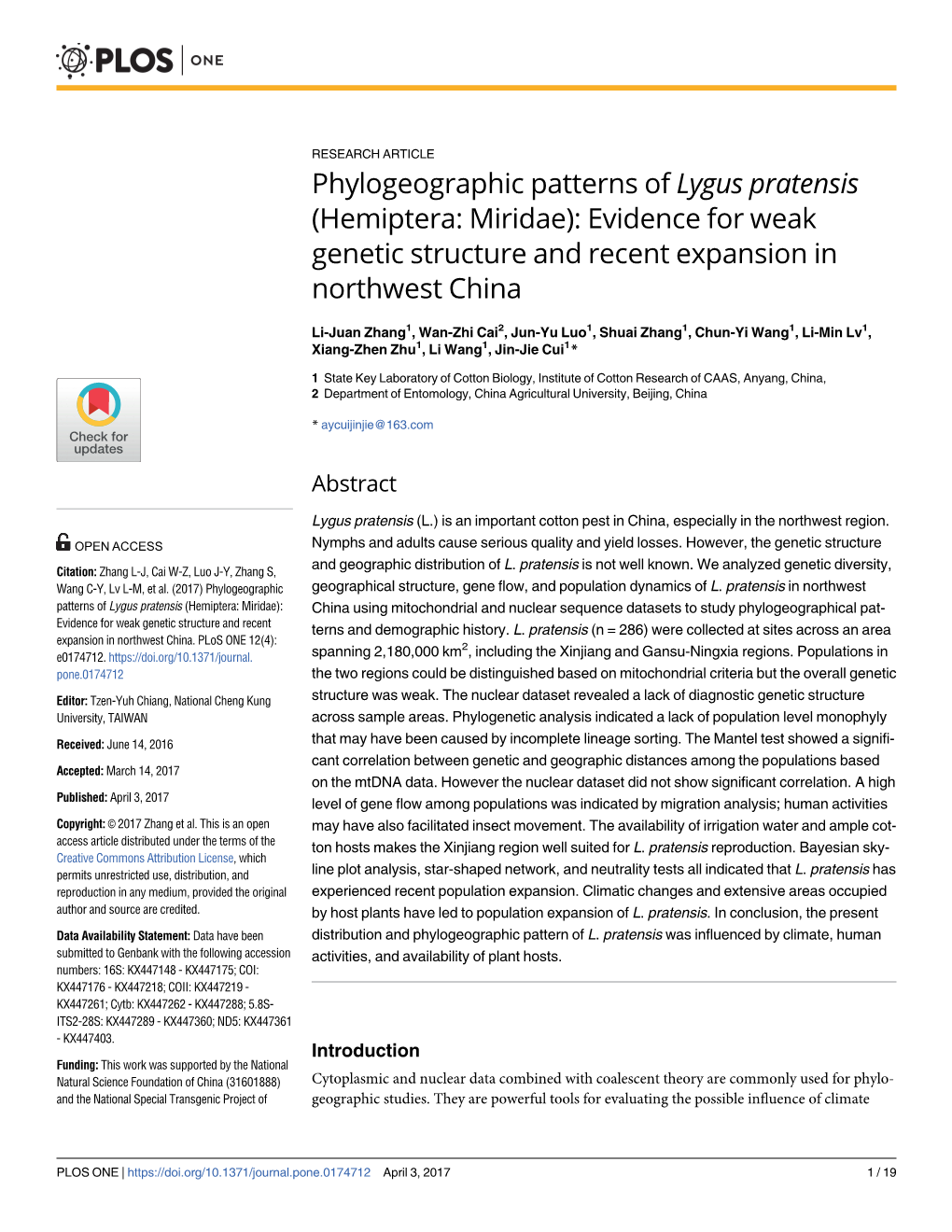 Phylogeographic Patterns of Lygus Pratensis (Hemiptera: Miridae): Evidence for Weak Genetic Structure and Recent Expansion in Northwest China