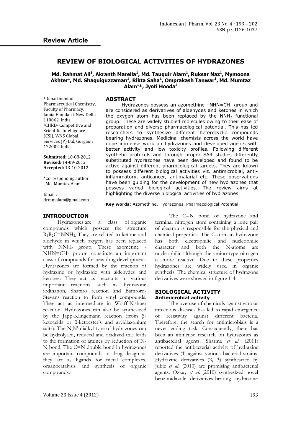 Review of Biological Activities of Hydrazones