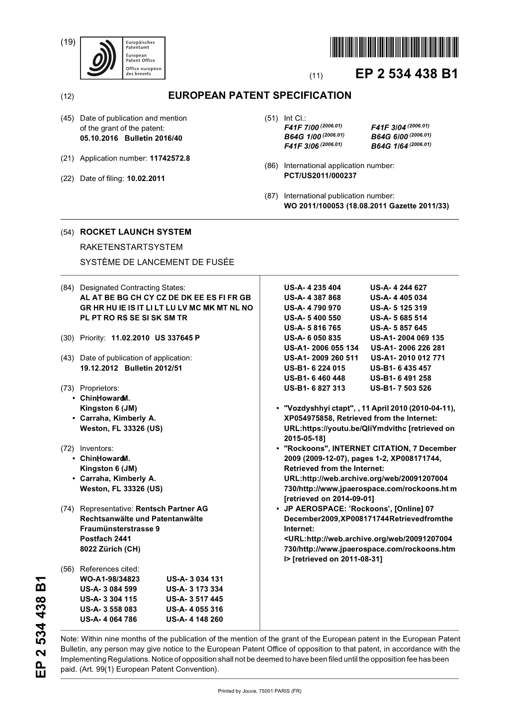 European Patent Office of Opposition to That Patent, in Accordance with the Implementing Regulations