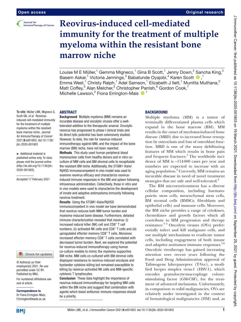 Reovirus-­Induced Cell-­Mediated Immunity for the Treatment of Multiple Myeloma Within the Resistant Bone Marrow Niche