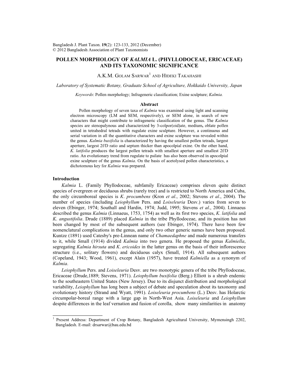 Pollen Morphology of Kalmia L. (Phyllodoceae, Ericaceae) and Its Taxonomic Significance