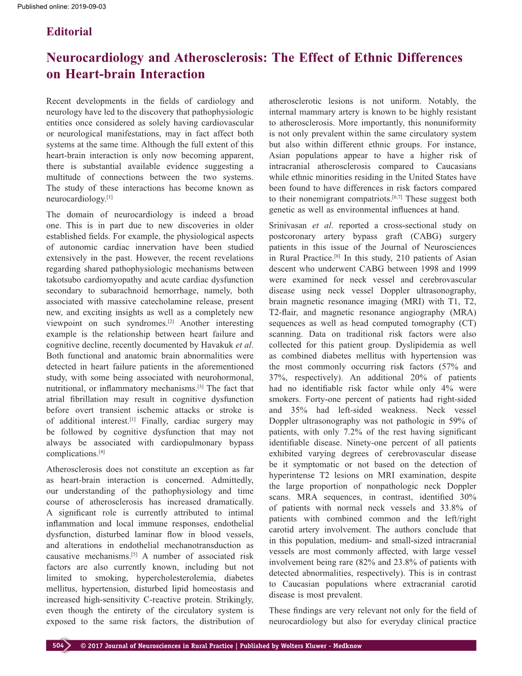 Neurocardiology and Atherosclerosis: the Effect of Ethnic Differences on Heart‑Brain Interaction