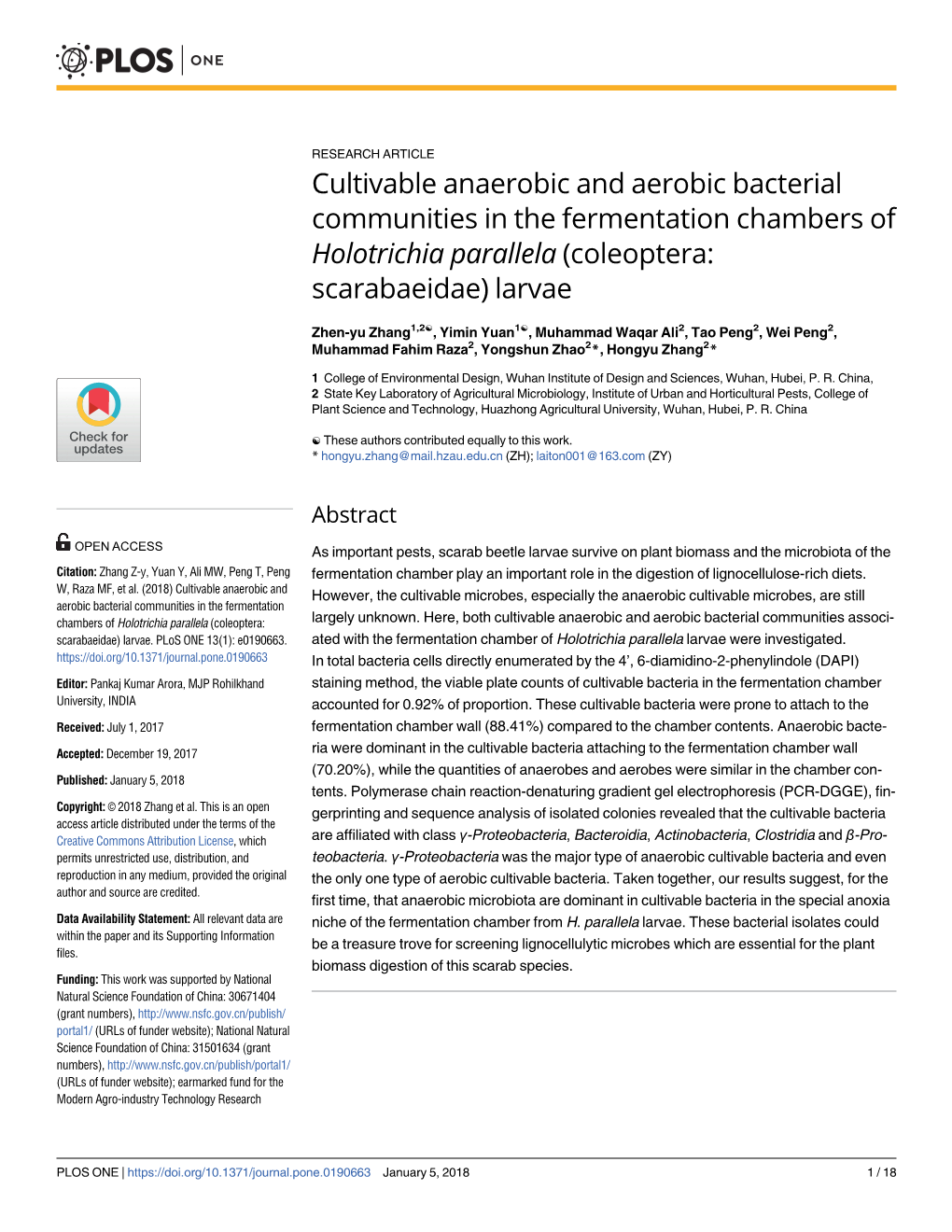 Cultivable Anaerobic and Aerobic Bacterial Communities in the Fermentation Chambers of Holotrichia Parallela (Coleoptera: Scarabaeidae) Larvae