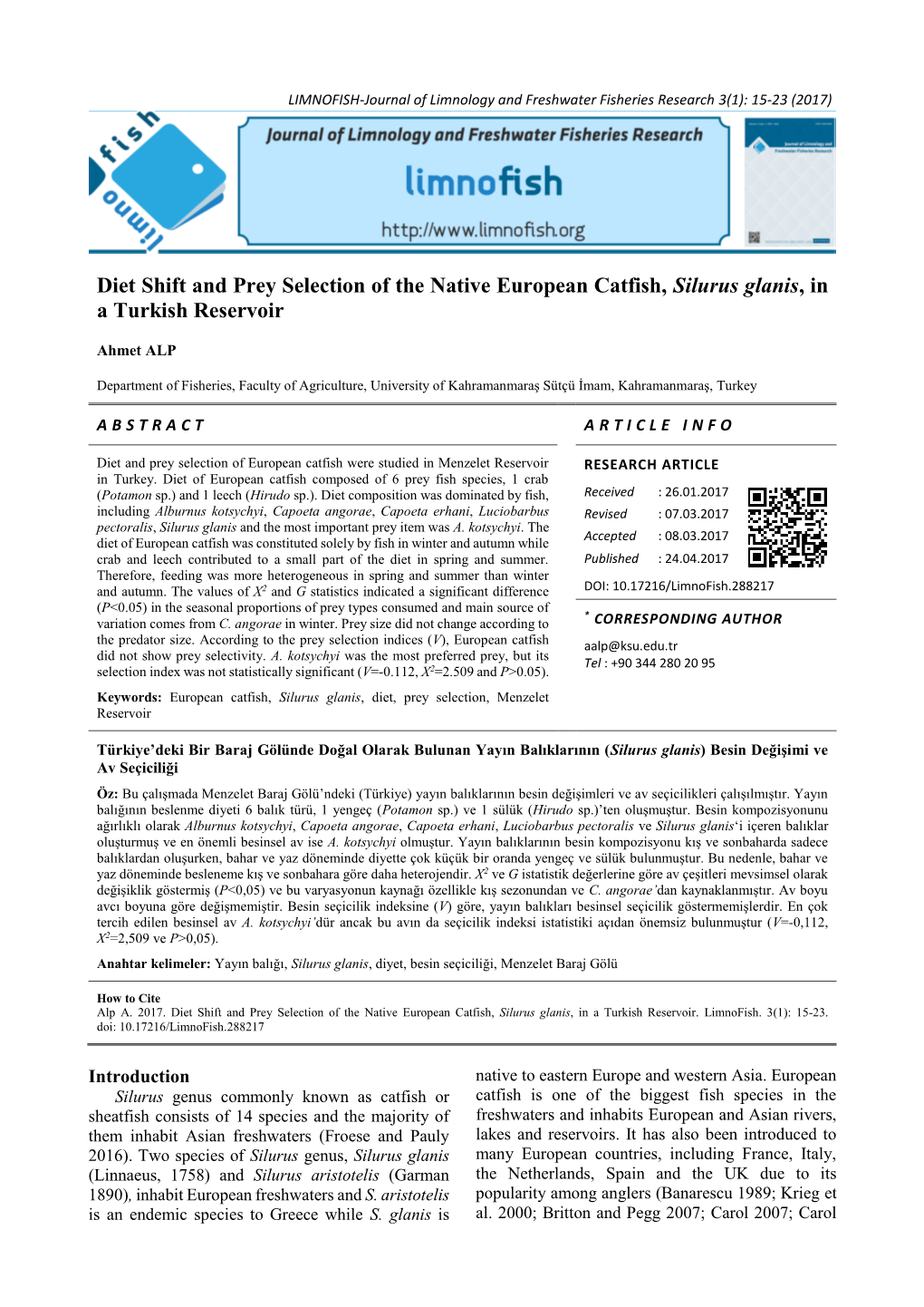 Diet Shift and Prey Selection of the Native European Catfish, Silurus Glanis, in a Turkish Reservoir