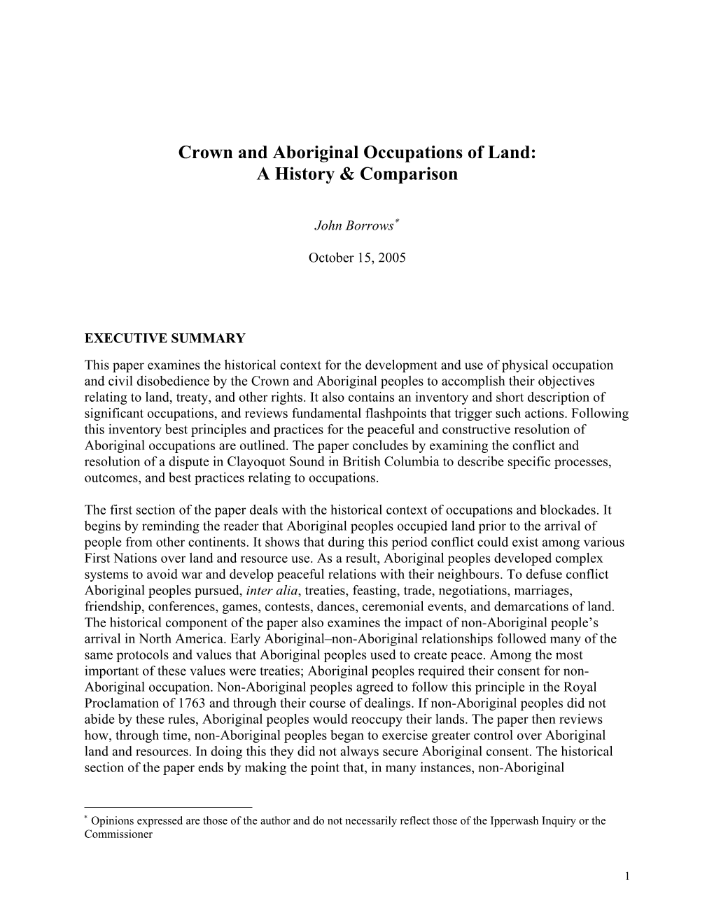 Crown and Aboriginal Occupations of Land: a History & Comparison