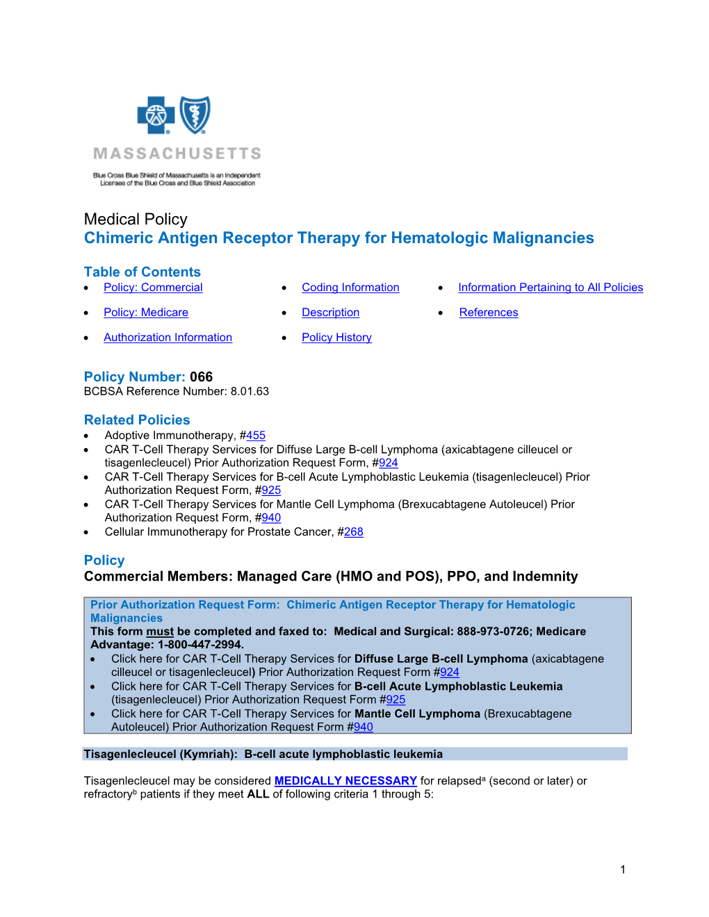 Medical Policy #066 Chimeric Antigen Receptor Therapy for Hematologic