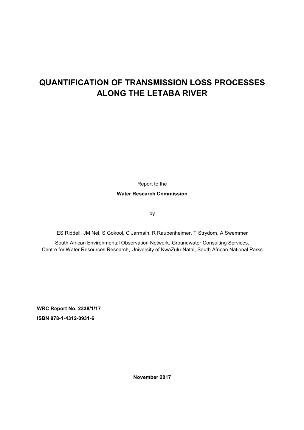 Quantification of Transmission Loss Processes Along the Letaba River