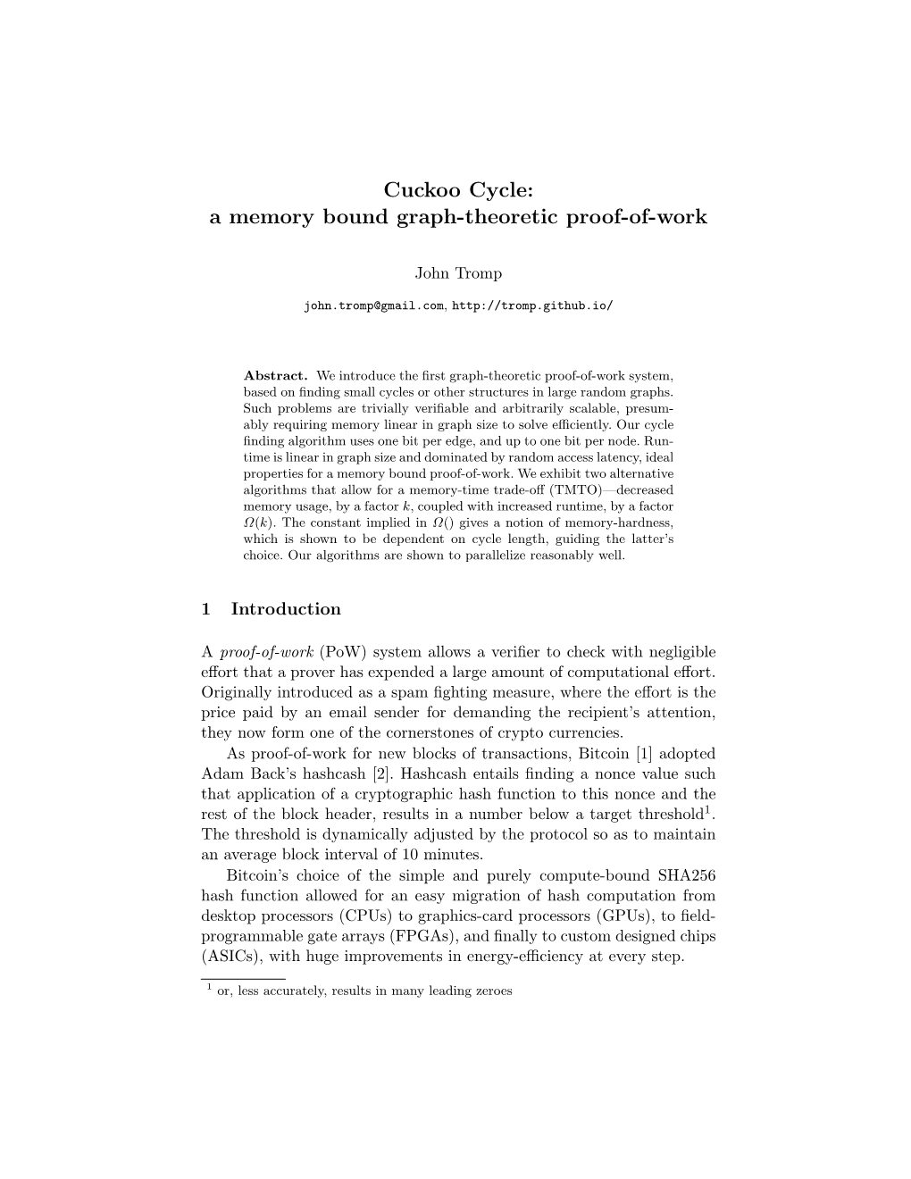 Cuckoo Cycle: a Memory Bound Graph-Theoretic Proof-Of-Work