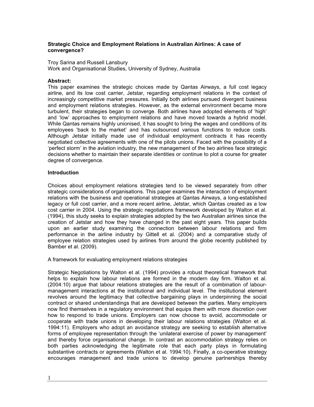 Strategic Choice and Employment Relations in Australian Airlines: a Case of Convergence?