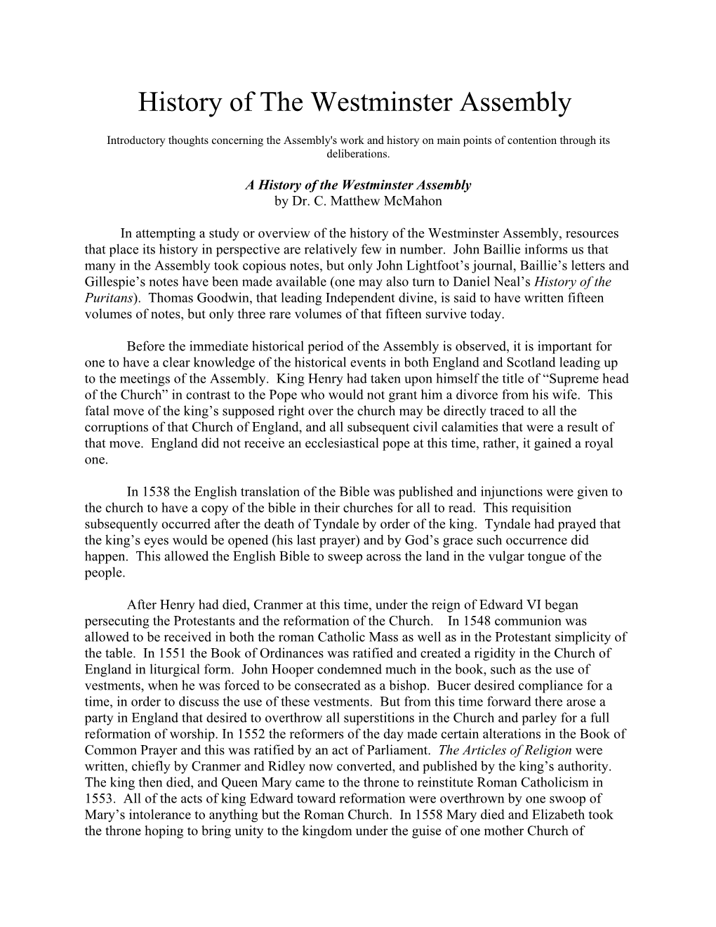 History of the Westminster Assembly