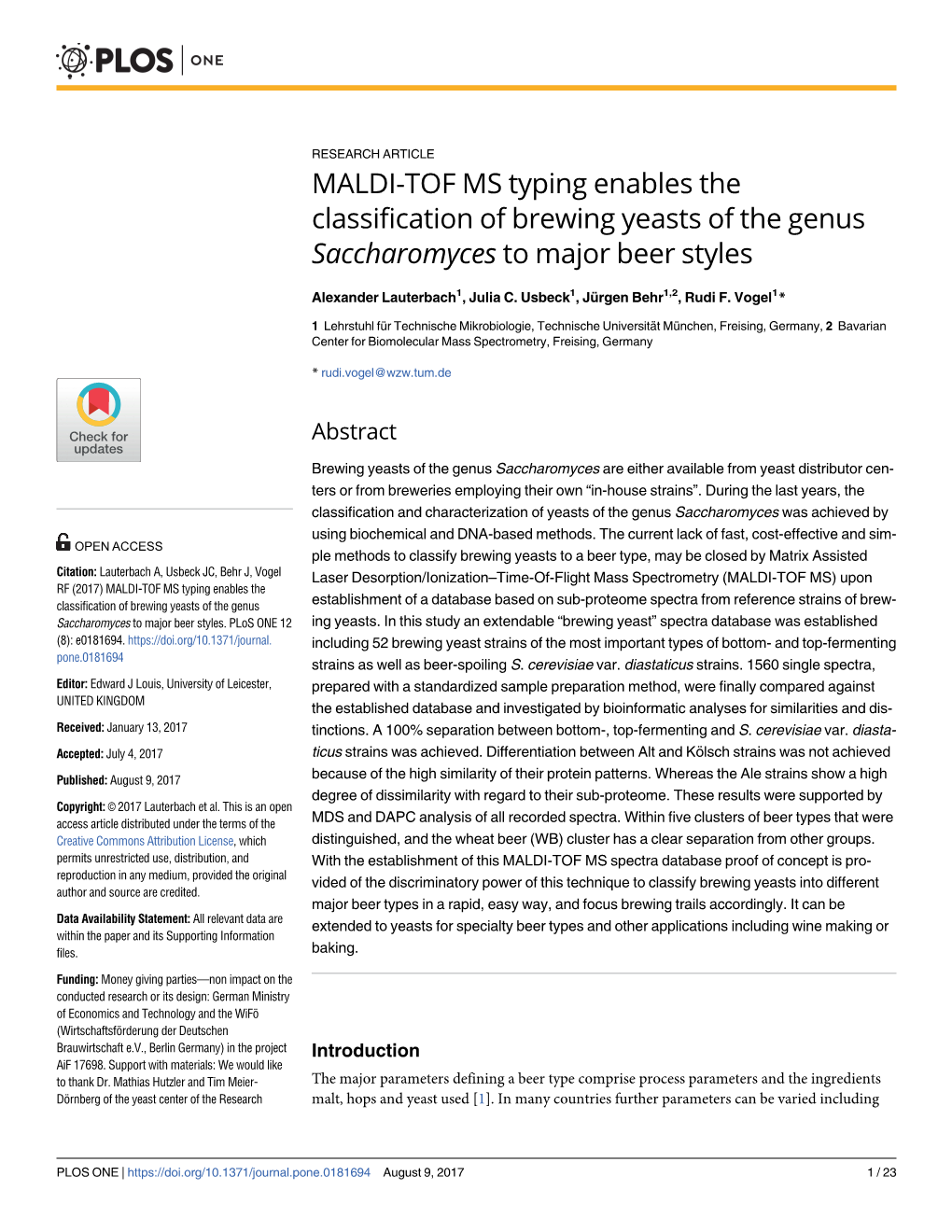 MALDI-TOF MS Typing Enables the Classification of Brewing Yeasts of the Genus Saccharomyces to Major Beer Styles