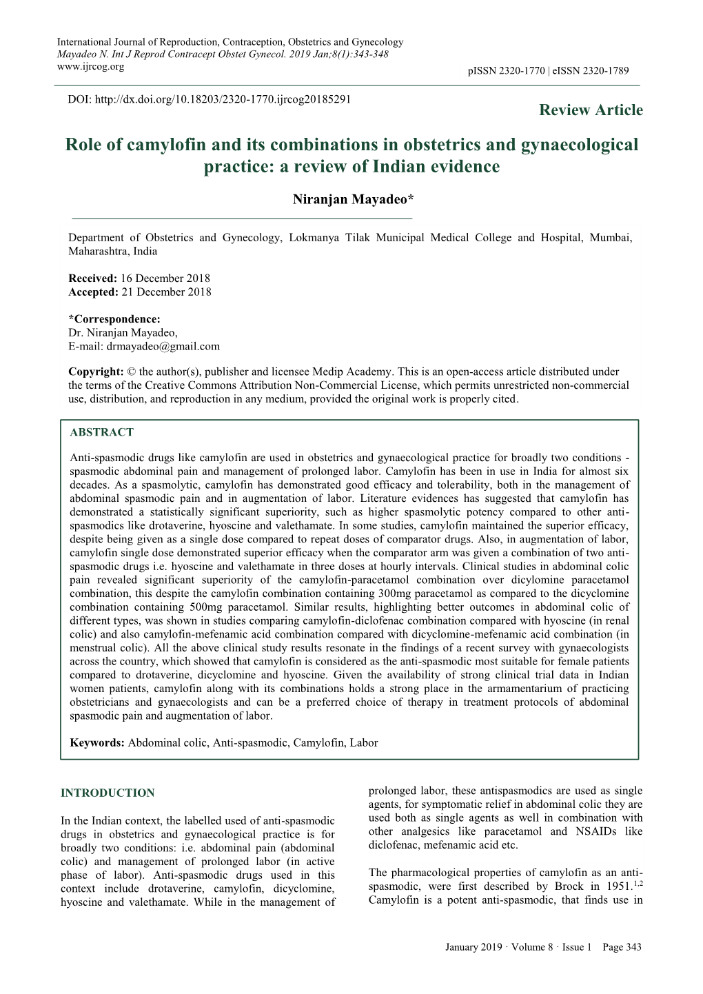 Role of Camylofin and Its Combinations in Obstetrics and Gynaecological Practice: a Review of Indian Evidence