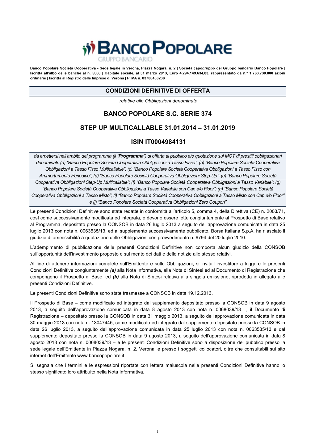 Banco Popolare Sc Serie 374 Step up Multicallable 31.01.2014