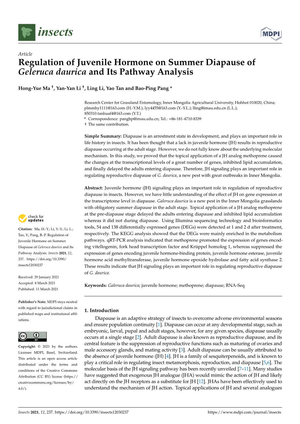 Regulation of Juvenile Hormone on Summer Diapause of Geleruca Daurica and Its Pathway Analysis