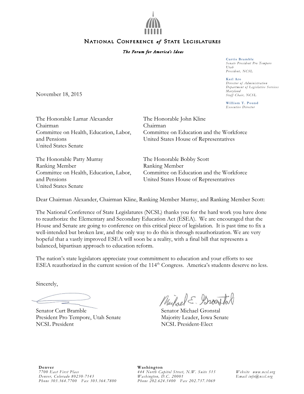 NCSL Letter to Congressional Education Leaders Applauding