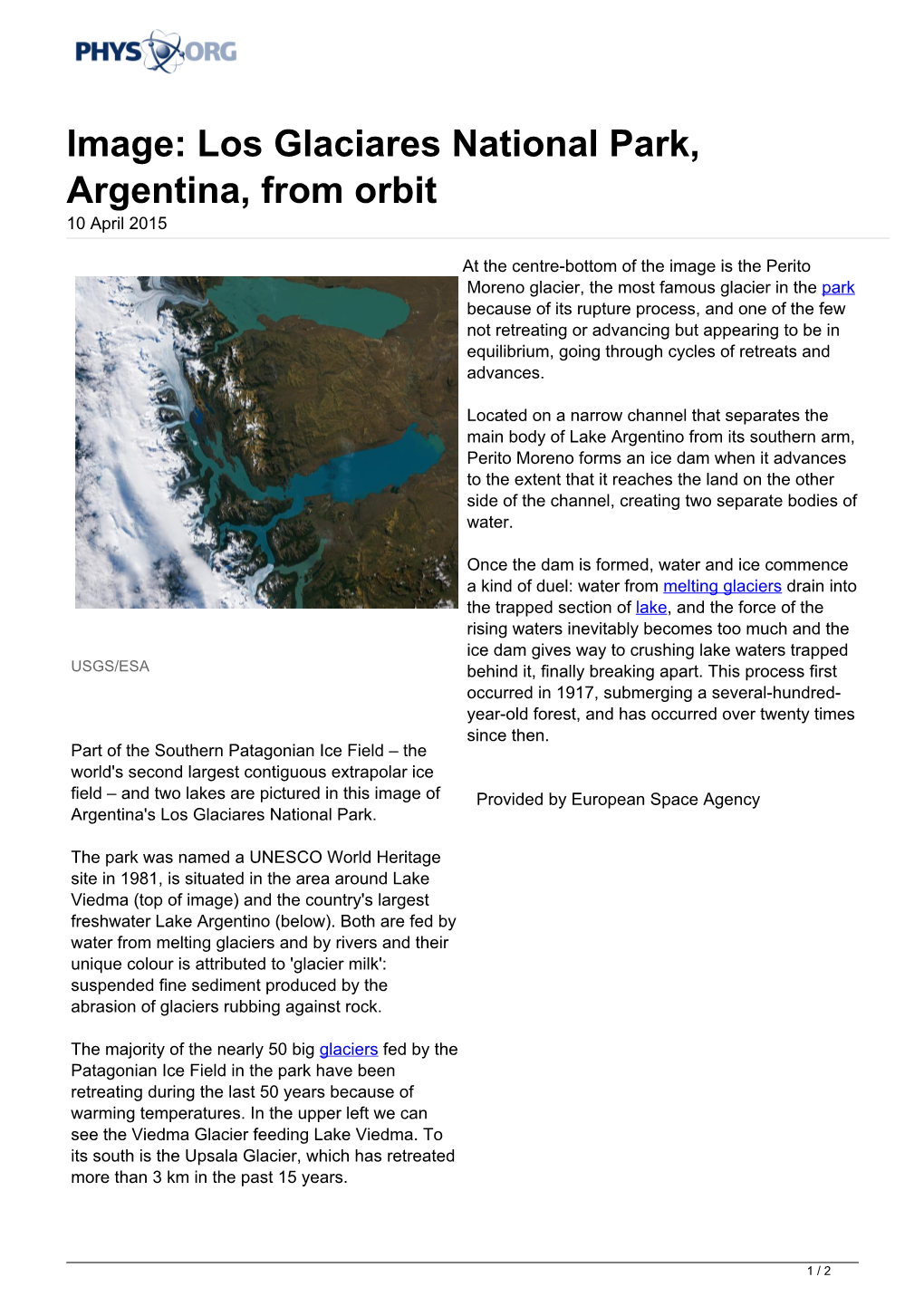 Image: Los Glaciares National Park, Argentina, from Orbit 10 April 2015