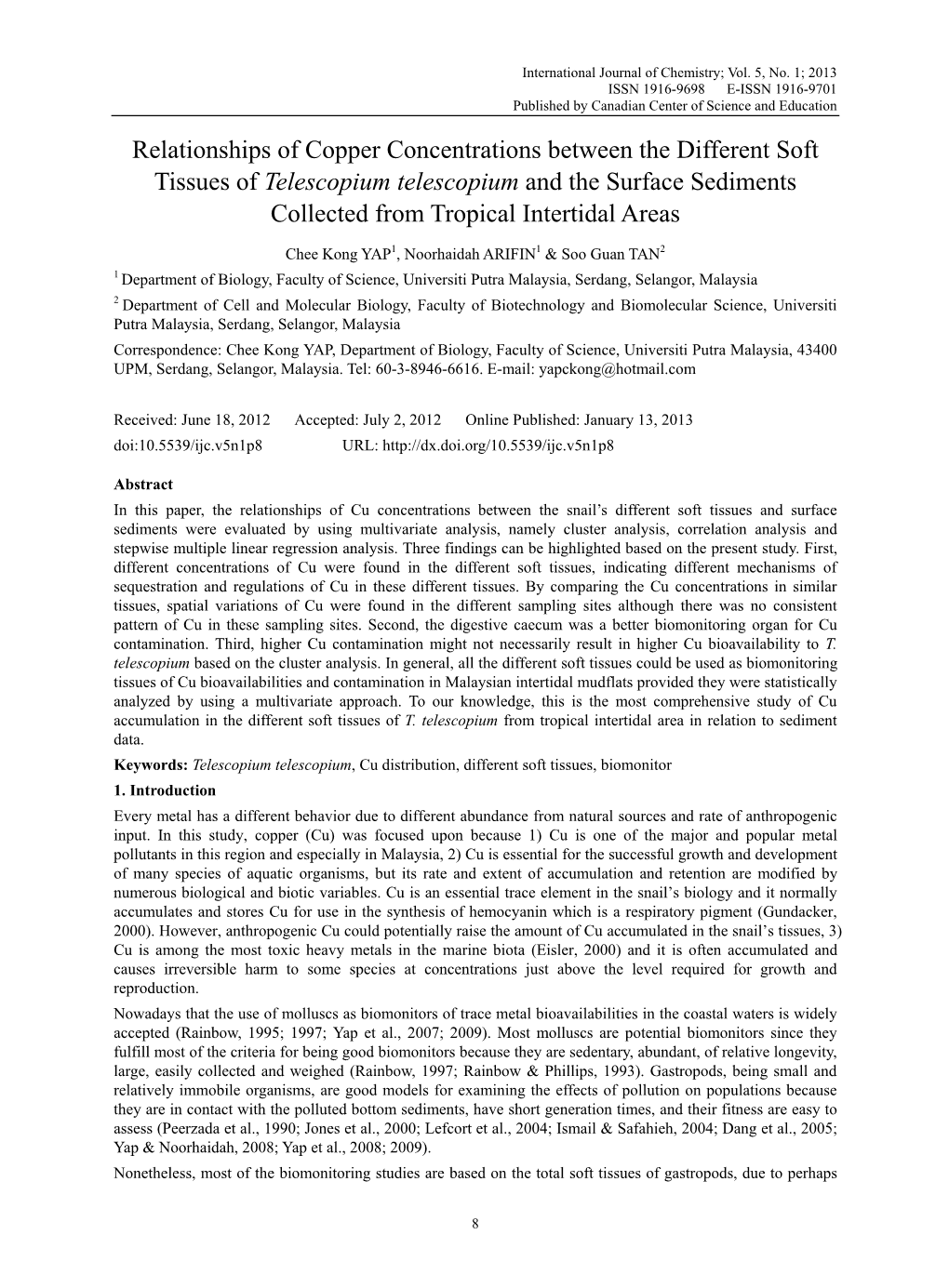 Relationships of Copper Concentrations Between the Different Soft Tissues of Telescopium Telescopium and the Surface Sediments Collected from Tropical Intertidal Areas